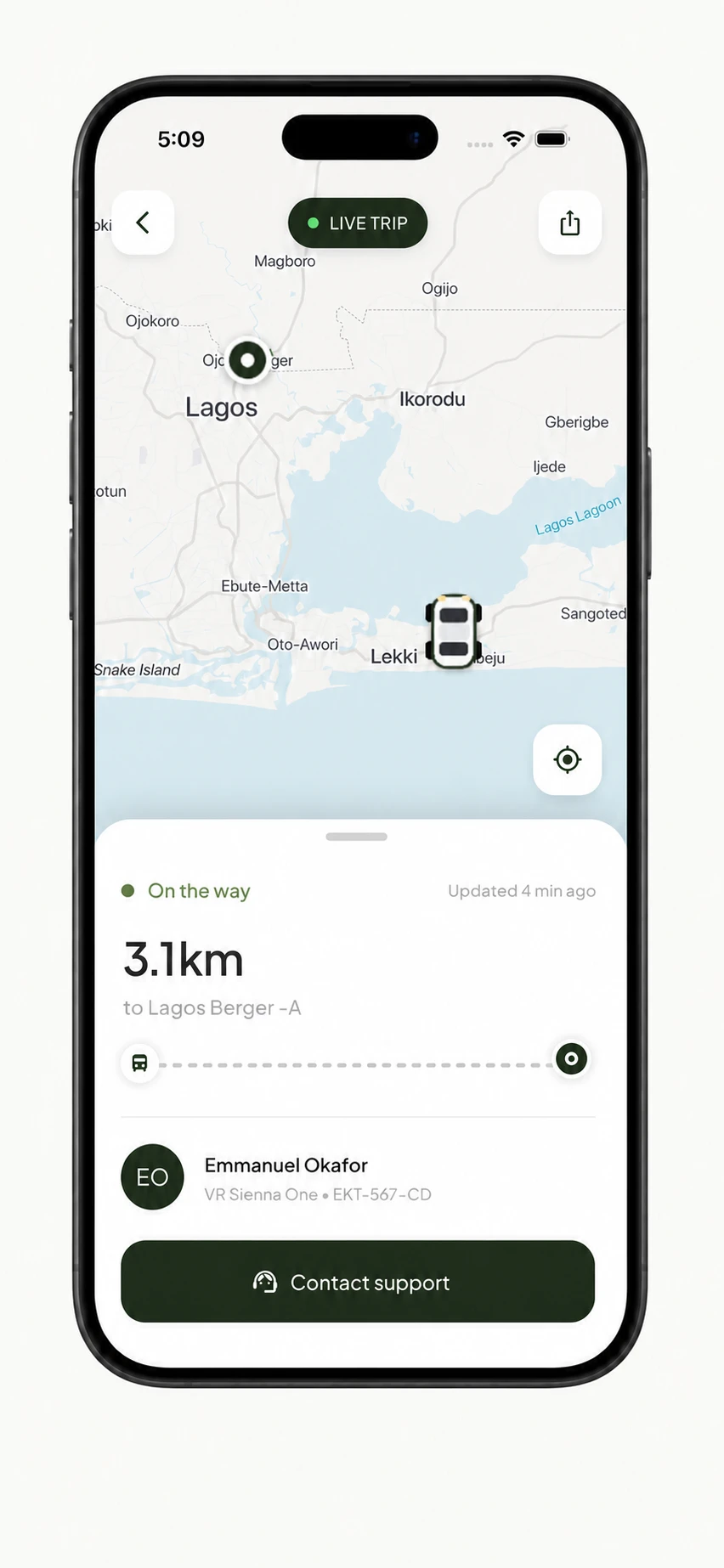 Live trip tracking with the current vehicle position, remaining route, destination, driver details, and support access
